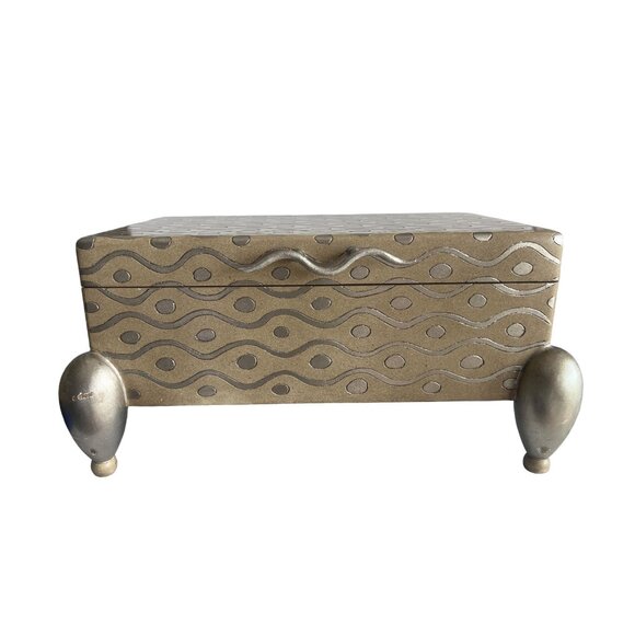 ART DECO Silver & Taupe WAVE Box With Patterned Design & Ball Feet Home Decor - Picture 2 of 9